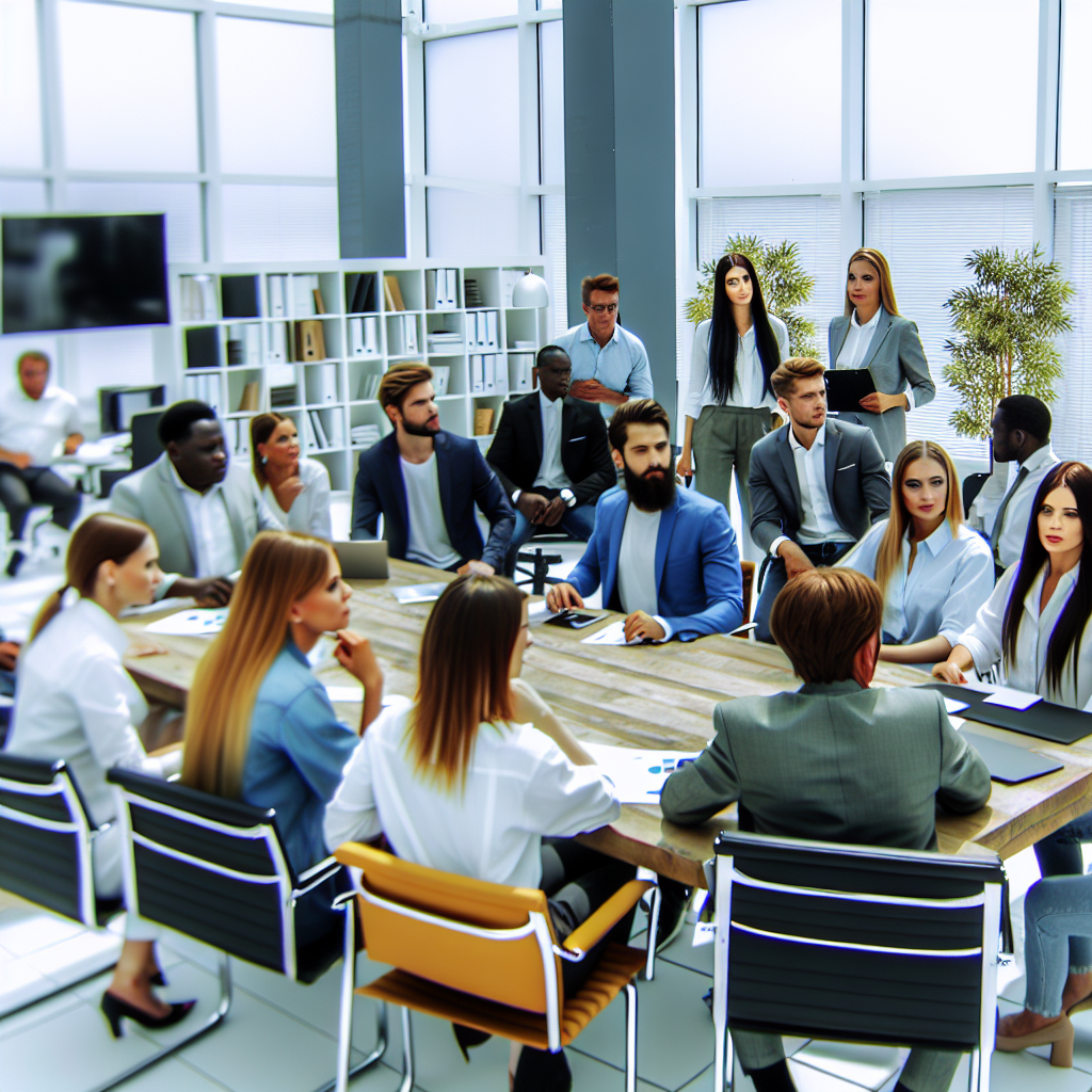 Una reunión de equipo en una oficina moderna, most